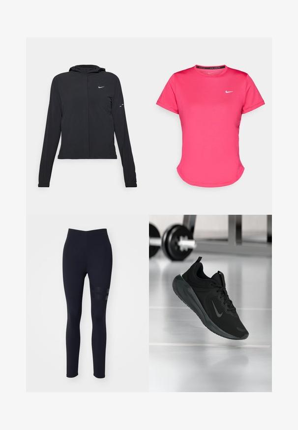 Black hooded jacket with long sleeves, made from lightweight material. Features a front zipper, a Nike logo, and subtle design accents.; Short-sleeve pink athletic t-shirt made of a smooth, lightweight fabric. Features a small white Nike logo on the chest and subtle curved hem.; Black leggings made of stretchy fabric, featuring a high waistband and mesh panel accents on the thigh with horizontal stripes.; Black sports sneaker with Nike logo, shown mid-air on gym floor, with blurred dumbbell rack in background.