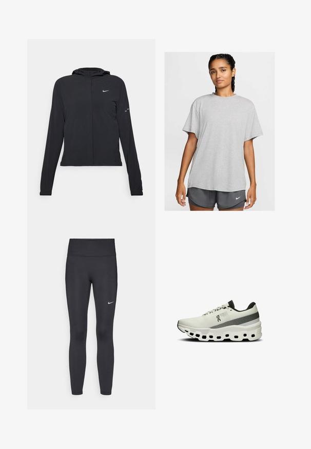 Sort hættetrøje med lange ærmer, lavet af letvægtsmateriale. Har en frontlynlås, et Nike-logo og subtile designaccenter.; Lysegrå bomulds t-shirt med afslappet pasform, korte ærmer og rund halsudskæring, parret med mørkegrå shorts med et logo.; Sorte leggings lavet af strækbart stof, med en høj talje og et hvidt Nike-logo på venstre lår. Glat tekstur, tætsiddende design.; Hvid atletisk sko med en tekstureret strikket overdel, grå stribe og en tyk, polstret sål med hexagonale udskæringer for fleksibilitet.