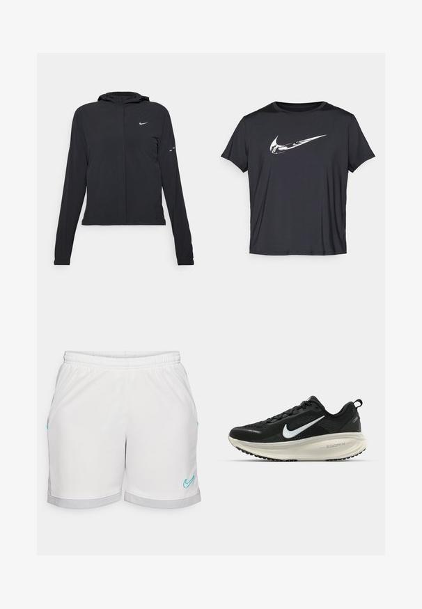Jachetă neagră cu glugă, cu mâneci lungi, fabricată din material ușor. Dispune de un fermoar frontal, un logo Nike și accente de design subtile.; Tricou sportiv negru, fabricat dintr-un material moale și elastic. Mâneci scurte, guler rotund, având un logo Nike alb pe față.; Shorts albi de sport cu o talie elastică, având accente turcoaz și un tiv din plasă gri. Textură de țesătură netedă, croială dreaptă.; Pantofii de alergare negri de la Nike, cu parte superioară din plasă respirabilă, logo-ul alb Swoosh, detalii texturate și o talpă intermediară ZoomX de culoare crem.