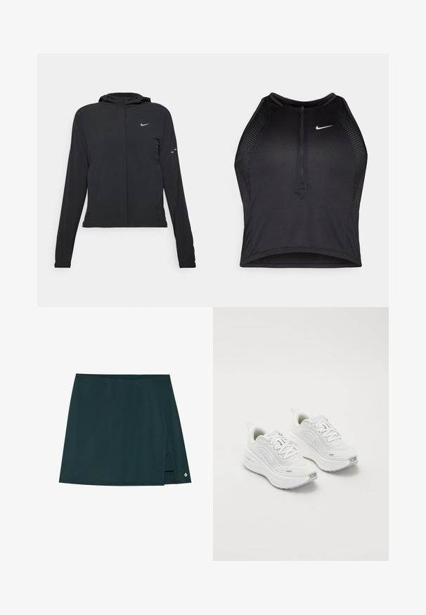 Jachetă neagră cu glugă, cu mâneci lungi, fabricată din material ușor. Dispune de un fermoar frontal, un logo Nike și accente de design subtile.; Top sportiv black, cu croială scurtă, cu fermoar în față, accente din plasă și un design ajustat. Fabricat dintr-un material elastic și respirabil. Logo-ul Nike pe față.; Fustă scurtă verde închis, cu design înfășurat, având o deschidere pe lateral și un accent subtil cu logo aproape de margine. Fabricată dintr-un material neted.; Pantofi sport albi cu un superior din plasă texturată, talpă amortizată și accente subtile de gri. Include branding și un buclă la călcâi pentru a fi ușor de încălțat.