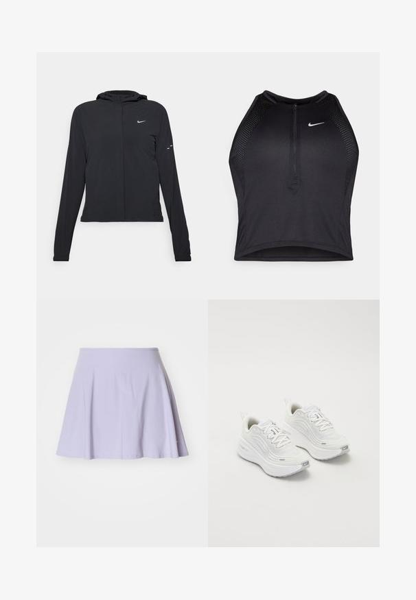 Must musta kapuutsiga jakk, millel on pikad varrukad ja mis on valmistatud kergetest materjalidest. Omab esitaskut, Nike logo ja kergelt silmatorkavaid disainiaktsente.; Must negra spordiline crop top, millel on lukk ees, võrgukangast detailid ja vormiv disain. Valmistatud venivast ja hingavast kangast. Nike logo ees.; Lavendli tooni rulluisutamise seelik, mis on valmistatud pehmest puuvilla segust, omades flared disaini, elastset vööd ja ilma nähtavate mustrite või aktsentideta.; Valged spordijalatsid, millel on tekstureeritud võrkkangas üst, pehme tallaga ja peened hallid aktsendid. Kaasas bränding ja aasaga kannaaken mugavaks selga panemiseks.