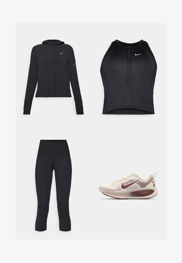 Jachetă neagră cu glugă, cu mâneci lungi, fabricată din material ușor. Dispune de un fermoar frontal, un logo Nike și accente de design subtile.; Top sportiv black, cu croială scurtă, cu fermoar în față, accente din plasă și un design ajustat. Fabricat dintr-un material elastic și respirabil. Logo-ul Nike pe față.; Top sportiv black, cu croială scurtă, cu fermoar în față, accente din plasă și un design ajustat. Fabricat dintr-un material elastic și respirabil. Logo-ul Nike pe față.; Leggings negre scurte, fabricate dintr-un material elastic, având o talie înaltă și o textură netedă, fără modele sau accesorii vizibile.; Nike Performance VOMERO 18 - Pantofi de alergare pe asfalt - pale ivory/dark team red/red sepia/silt red/phantom