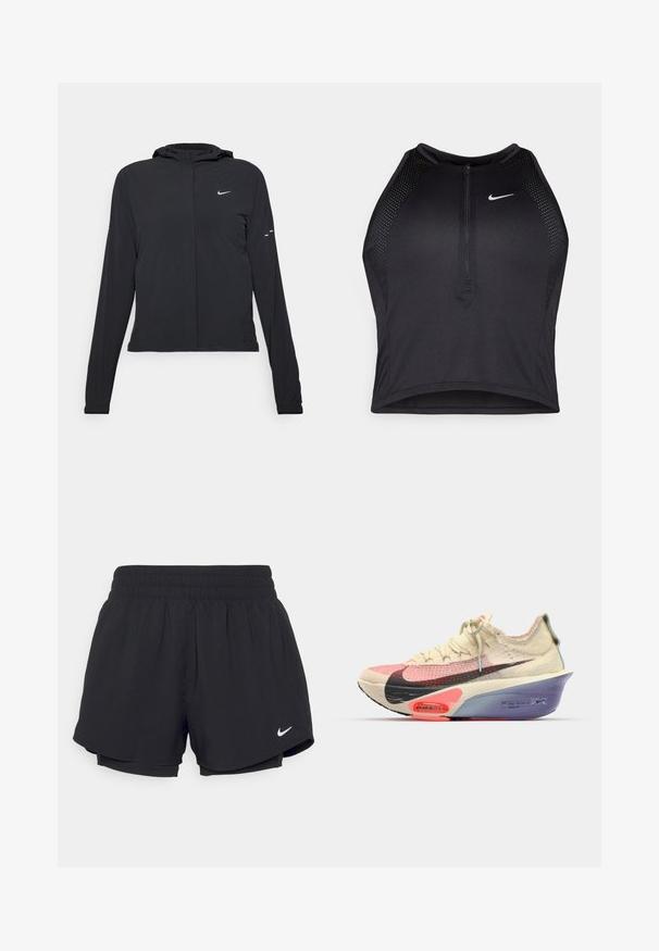 Czarna kurtka z kapturem, z długimi rękawami, wykonana z lekkiego materiału. Posiada zamek błyskawiczny z przodu, logo Nike oraz subtelne akcenty wzornicze.; Czarny sportowy crop top z zamkiem z przodu, z siateczkowymi akcentami i dopasowanym krojem. Wykonany z elastycznego, oddychającego materiału. Logo Nike z przodu.; Czarny sportowy crop top z zamkiem z przodu, z siateczkowymi akcentami i dopasowanym krojem. Wykonany z elastycznego, oddychającego materiału. Logo Nike z przodu.; Czarne spodenki sportowe z marszczonym elastycznym pasem, wewnętrzną podszewką i białym logo Nike w dolnym lewym rogu. Gładki, lekki materiał.; Buty biegowe Nike z oddychającą cholewką w kolorze kremowym i różowym, czarnym logo Swoosh, intensywnymi różowymi i fioletowymi akcentami oraz smukłą, zwężoną sylwetką.