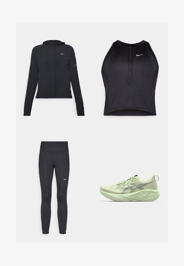 Czarna kurtka z kapturem, z długimi rękawami, wykonana z lekkiego materiału. Posiada zamek błyskawiczny z przodu, logo Nike oraz subtelne akcenty wzornicze.; Czarny sportowy crop top z zamkiem z przodu, z siateczkowymi akcentami i dopasowanym krojem. Wykonany z elastycznego, oddychającego materiału. Logo Nike z przodu.; Czarne legginsy z elastycznego materiału, z wysokim pasem i białym logo Nike na lewym udzie. Gładka tekstura, dopasowany krój.; Jasnozielony but sportowy z siateczkową cholewką, teksturowanymi akcentami oraz grubą, kątową podeszwą dla lepszego amortyzowania i wsparcia.