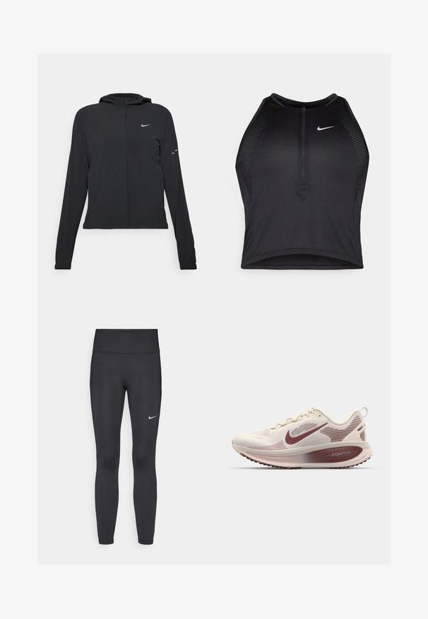 Casaco preto com capuz e mangas longas, feito de material leve. Apresenta um fecho dourado na frente, um logótipo da Nike e detalhes de design subtis.; Top cropped atlético preto com fecho à frente, acentos em malha e um design ajustado. Feito de tecido elástico e respirável. Logótipo da Nike na frente.; Leggings pretos feitos de tecido elástico, com uma cintura alta e um logo branco da Nike na coxa esquerda. Textura suave, design ajustado ao corpo.; Nike Performance VOMERO 18 - Sapatos para corrida em estrada - pale ivory/dark team red/red sepia/silt red/phantom