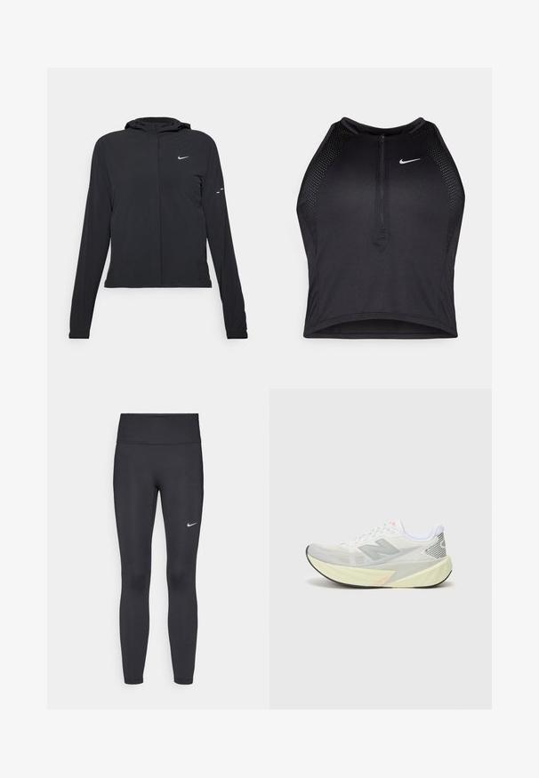 Casaco preto com capuz e mangas longas, feito de material leve. Apresenta um fecho dourado na frente, um logótipo da Nike e detalhes de design subtis.; Top cropped atlético preto com fecho à frente, acentos em malha e um design ajustado. Feito de tecido elástico e respirável. Logótipo da Nike na frente.; Leggings pretos feitos de tecido elástico, com uma cintura alta e um logo branco da Nike na coxa esquerda. Textura suave, design ajustado ao corpo.; Sapatilha de corrida leve com um upper de malha cinza e branco, um logótipo 'N' proeminente e uma entressola amarela com acentos angulados. Sola preta.