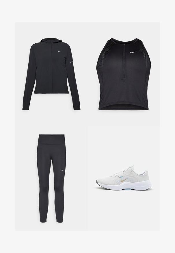 Svart huva jacka med långa ärmar, gjord av lätt material. Har en framdragare, en Nike-logotyp och subtila designelement.; Svart atletisk crop top med dragkedja framtill, nätdetaljer och en figurnära design. Tillverkad av elastiskt, andningsbart material. Nike-logga på framsidan.; Svarta leggings i elastiskt material, med hög midja och en vit Nike-logga på vänster lår. Slät textur, figurnära design.; Nike Performance IN SEASON TR 13 - Träningsskor - white