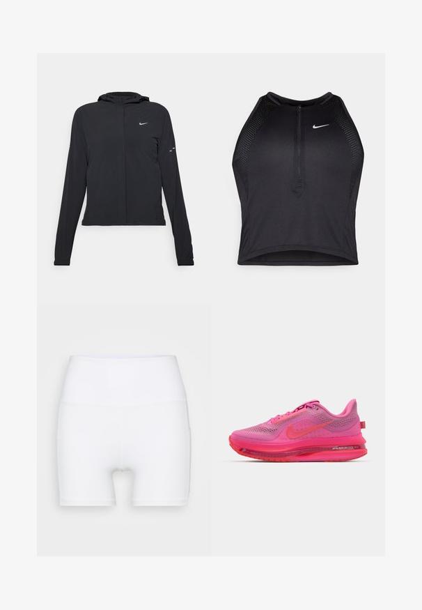 Fekete kapucnis dzseki hosszú ujjakkal, könnyű anyagból készült. Elülső cipzárral, Nike logóval és diszkrét dizájn elemekkel rendelkezik.; Fekete sportos crop top, elöl cipzárral, hálós kiegészítőkkel és testhez álló kialakítással. Rugalmas, lélegző anyagból készült. Nike logó elöl.; Fehér, magas derekú, rugalmas anyagból készült sort. Simább textúrával és testhezálló dizájnnal rendelkezik, további minták vagy fémalkatrészek nélkül.; Nike futócipő, élénk rózsaszín hálós felsőrésszel, átmenetes kiemelésekkel, látható légpárnával és texturált talppal a tapadás érdekében.