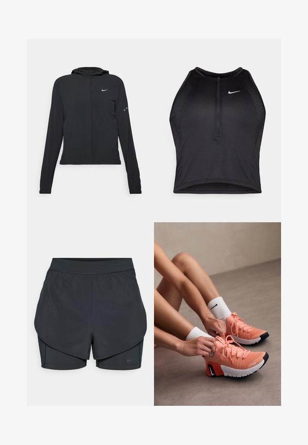 Black hooded jacket with long sleeves, made from lightweight material. Features a front zipper, a Nike logo, and subtle design accents.; Black athletic crop top with a zip-front, mesh accents, and a fitted design. Made from stretchy, breathable fabric. Nike logo on front.; Black athletic shorts with a layered design, featuring a smooth outer layer and fitted inner shorts. Made of lightweight, stretch fabric.; Lightweight pink athletic shoes with textured fabric, prominent laces, and rubber soles. Finished with a contrasting black and white logo detail.