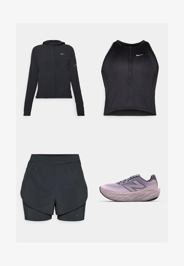 Zwarte kaptrui met lange mouwen, gemaakt van lichtgewicht materiaal. Voorzien van een ritssluiting aan de voorkant, een Nike-logo en subtiele ontwerpelementen.; Zwarte atletische crop top met een rits aan de voorkant, mesh accenten en een aansluitend ontwerp. Gemaakt van rekbare, ademende stof. Nike-logo aan de voorkant.; Zwarte sportshorts met een gelaagd ontwerp, voorzien van een gladde buitenlaag en aansluitende binnen shorts. Gemaakt van lichtgewicht, rekbare stof.; Paarse hardloopschoen met een ademend bovenwerk van textiel, een gevoerd kraag, een dikke dempende tussenzool en een gestructureerde rubberen buitenzool.
