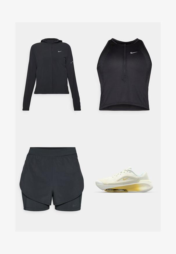 Black hooded jacket with long sleeves, made from lightweight material. Features a front zipper, a Nike logo, and subtle design accents.; Black athletic crop top with a zip-front, mesh accents, and a fitted design. Made from stretchy, breathable fabric. Nike logo on front.; Black athletic shorts with a layered design, featuring a smooth outer layer and fitted inner shorts. Made of lightweight, stretch fabric.; Nike athletic shoe in pale yellow and white. Features mesh upper, padded collar, and a visible Air Zoom unit in the sole. Textured fabric.
