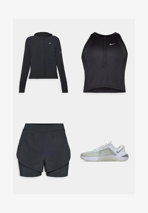 Jachetă neagră cu glugă, cu mâneci lungi, fabricată din material ușor. Dispune de un fermoar frontal, un logo Nike și accente de design subtile.; Top sportiv black, cu croială scurtă, cu fermoar în față, accente din plasă și un design ajustat. Fabricat dintr-un material elastic și respirabil. Logo-ul Nike pe față.; Șorturi sportive negre cu un design stratificat, având o strat exterior neted și șorturi interioare ajustate. Fabricate dintr-un material ușor și elastic.; Pantofii sport albi și gri cu țesătură texturată, guler căptușit și talpă din cauciuc. Prezintă un logo pe lateral și detalii dimensionale pe partea superioară.