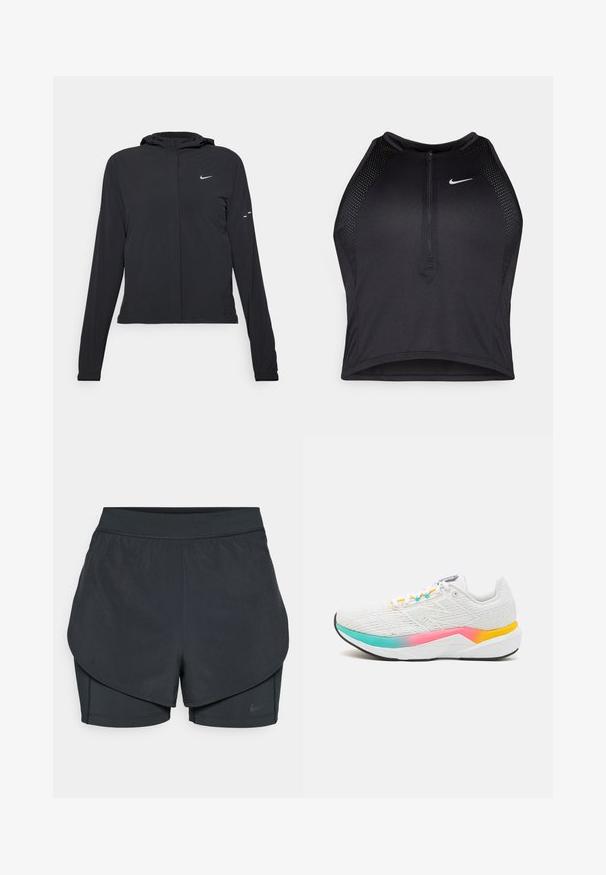 Schwarze Kapuzenjacke mit langen Ärmeln, aus leichtem Material gefertigt. Sie hat einen vorderen Reißverschluss, ein Nike-Logo und dezente Designelemente.; Schwarzes sportliches Crop-Top mit Reißverschluss vorne, Netz-Akzenten und figurnaher Passform. Hergestellt aus dehnbarem, atmungsaktivem Material. Nike-Logo auf der Vorderseite.; Schwarze sportliche Shorts mit einem geschichteten Design, das eine glatte äußere Schicht und eng anliegende innere Shorts umfasst. Hergestellt aus leichtem, dehnbarem Material.; Weißer Sportschuh aus strukturiertem Stoff mit bunten Farbverlauf-Akzenten in Pink, Türkis und Gelb sowie einem unterstützenden Sohlen-Design.