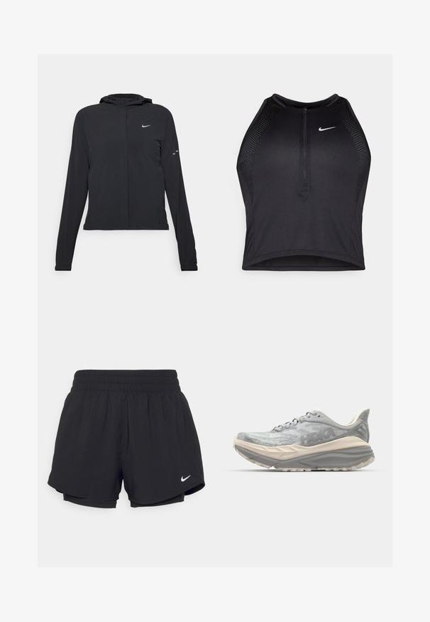 Black hooded jacket with long sleeves, made from lightweight material. Features a front zipper, a Nike logo, and subtle design accents.; Black athletic crop top with a zip-front, mesh accents, and a fitted design. Made from stretchy, breathable fabric. Nike logo on front.; Black athletic shorts with a gathered elastic waistband, inner lining, and white Nike logo on the lower left side. Smooth, lightweight fabric.; Light gray running shoe with a textured mesh upper, thick cushioned sole, and reinforced heel. Features flat laces and a subtle logo.
