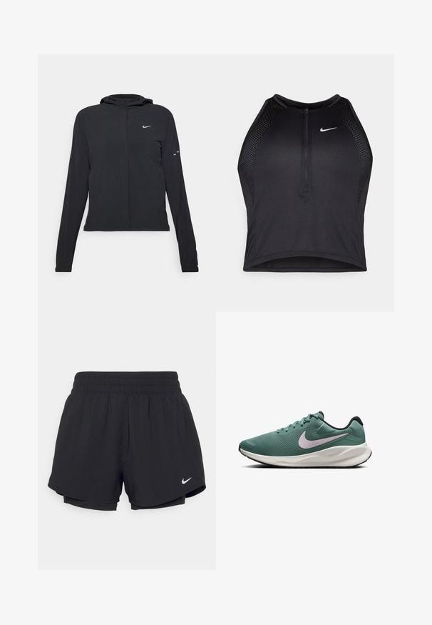 Black hooded jacket with long sleeves, made from lightweight material. Features a front zipper, a Nike logo, and subtle design accents.; Black athletic crop top with a zip-front, mesh accents, and a fitted design. Made from stretchy, breathable fabric. Nike logo on front.; Black athletic shorts with a gathered elastic waistband, inner lining, and white Nike logo on the lower left side. Smooth, lightweight fabric.; Green mesh running shoe with a white and black sole. Features a light purple Nike logo and a textured upper for breathability.