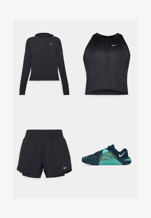 Svart hettegenser med lange ermer, laget av lett materiale. Har glidelås foran, Nike-logo og subtile design detaljer.; Svart idretts crop top med glidelås foran, mesh-detaljer og en figurvennlig design. Laget av elastisk, pustende materiale. Nike-logo på forsiden.; Svarte idrettsshorts med samlet elastisk midje, indre fôr og hvit Nike-logo nederst til venstre. Jevnt, lett stoff.; Marineblå og aqua atletikk-sko med en teksturert mesh-overdel, med et grønt gradientmønster og en dempet såle. Nike swoosh-logo på hælen.