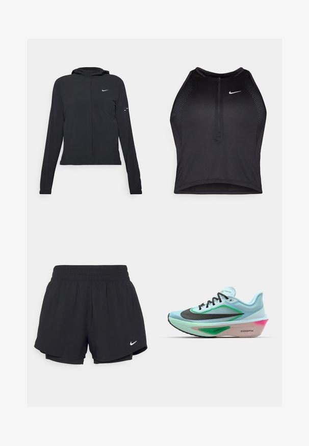 Černá kapucňová bunda s dlouhými rukávy, vyrobená z lehkého materiálu. Obsahuje přední zip, logo Nike a decentní designové akcenty.; Černý sportovní crop top se zipem vpředu, síťovými detaily a přiléhavým střihem. Vyrobený z elastického, prodyšného materiálu. Logo Nike na přední straně.; Černé sportovní šortky s nařaseným elastickým pasem, vnitřní podšívkou a bílým logem Nike na dolním levém rohu. Hladká, lehká tkanina.; Světle modrá běžecká obuv s texturovaným černým síťovým vrškem, zelenými akcenty, střední podrážkou s nádechem růžové a gumovou podrážkou. Obsahuje tkaničky a branding.