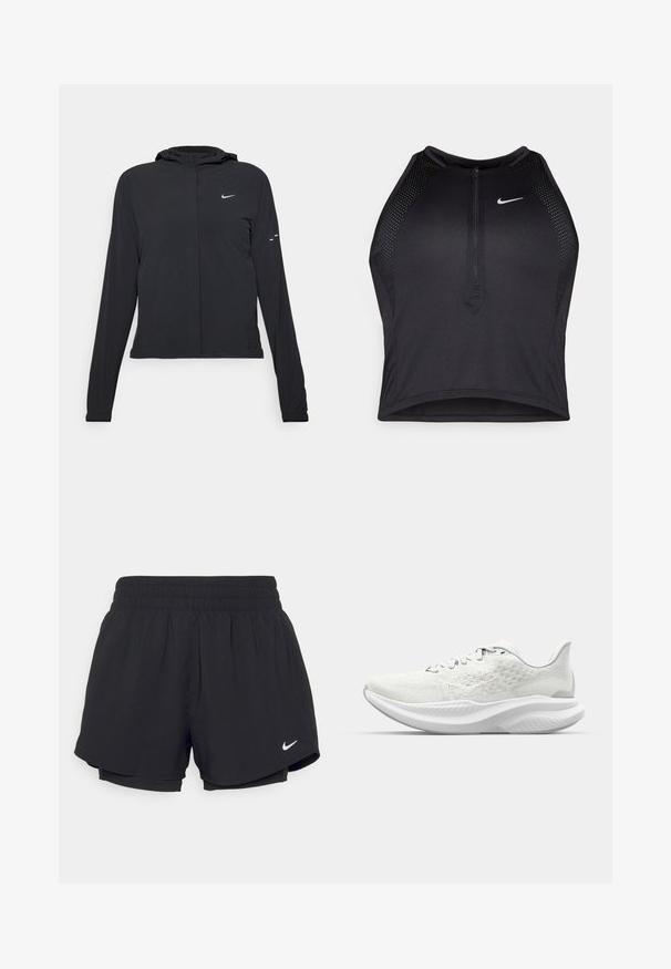 Zwarte kaptrui met lange mouwen, gemaakt van lichtgewicht materiaal. Voorzien van een ritssluiting aan de voorkant, een Nike-logo en subtiele ontwerpelementen.; Zwarte atletische crop top met een rits aan de voorkant, mesh accenten en een aansluitend ontwerp. Gemaakt van rekbare, ademende stof. Nike-logo aan de voorkant.; Zwarte sportshorts met een geraffineerde elastische tailleband, binnenvoering en wit Nike-logo aan de onderkant links. Soepele, lichte stof.; Witte sportieve schoenen met een gestructureerde bovenkant, vetersluiting en een gevoerde zool met een golfvormig profiel. Subtiele branding aan de zijkant.