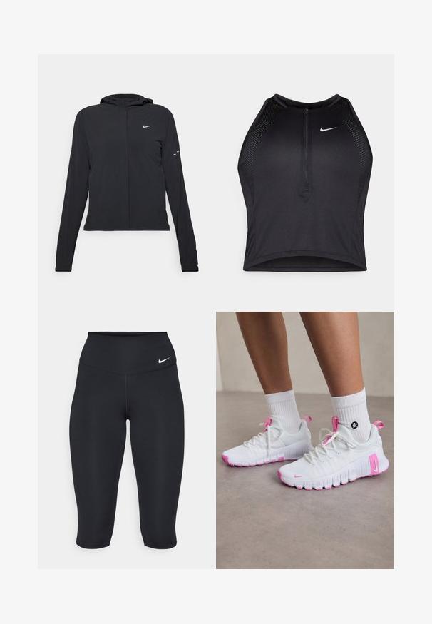 Czarna kurtka z kapturem, z długimi rękawami, wykonana z lekkiego materiału. Posiada zamek błyskawiczny z przodu, logo Nike oraz subtelne akcenty wzornicze.; Czarny sportowy crop top z zamkiem z przodu, z siateczkowymi akcentami i dopasowanym krojem. Wykonany z elastycznego, oddychającego materiału. Logo Nike z przodu.; Czarnie leginsy capri od Nike mają wysoki pas, gładki elastyczny materiał i dyskretny detal z logo z przodu.; Białe sportowe buty z różowymi akcentami, aerodynamiczny design, teksturowana siateczka górna oraz elastyczna gumowa podeszwa. Zawierają logo oraz uchwyt do zakupu.