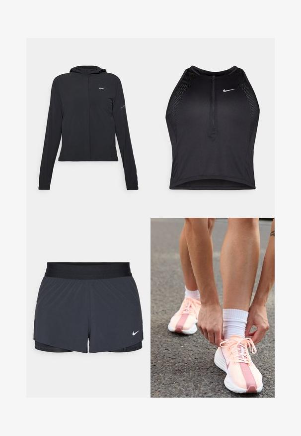 Černá kapucňová bunda s dlouhými rukávy, vyrobená z lehkého materiálu. Obsahuje přední zip, logo Nike a decentní designové akcenty.; Černý sportovní crop top se zipem vpředu, síťovými detaily a přiléhavým střihem. Vyrobený z elastického, prodyšného materiálu. Logo Nike na přední straně.; Černé sportovní kraťasy s elastickým pasem, které mají vrstvený design a malé bílé logo Nike na dolním levém rohu. Lehce materiál.; Nike Performance PEGASUS PLUS - Silniční běžecké boty - crimson tint/white/pure platinum/red stardust/vast grey