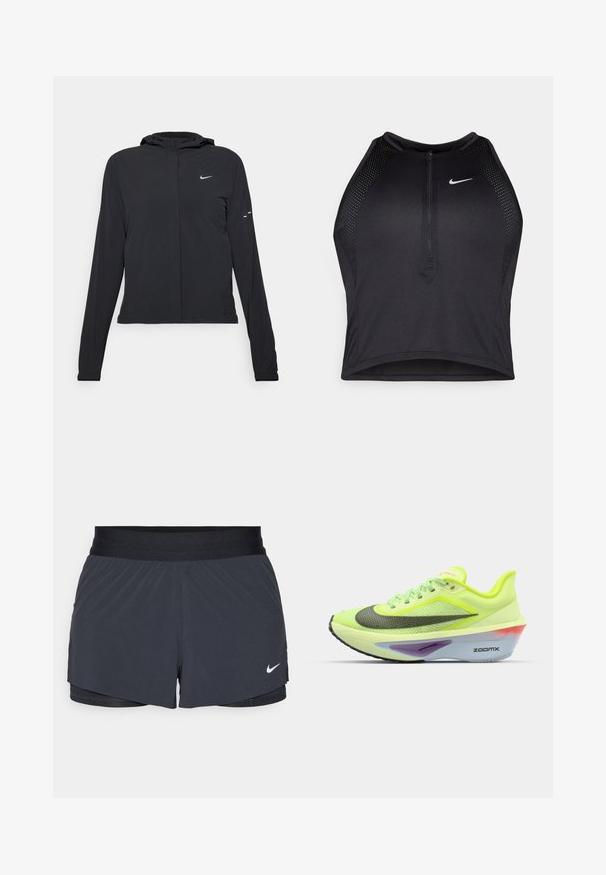 Veste à capuche noire avec des manches longues, fabriquée en matériau léger. Elle comporte une fermeture éclair à l'avant, un logo Nike et des accents de design subtils.; Crop top sportif noir avec fermeture éclair à l'avant, accents en mesh et design ajusté. Fabriqué en tissu extensible et respirant. Logo Nike à l'avant.; Shorts de sport noirs avec une taille élastique, dotés d'un design superposé et d'un petit logo Nike blanc en bas à gauche. Matière légère.; Baskets de course vertes et jaunes avec une tige en mesh, un bout arrondi, des accents noirs et argentés, et une semelle en mousse multicolore avec le logo "ZOOMX".
