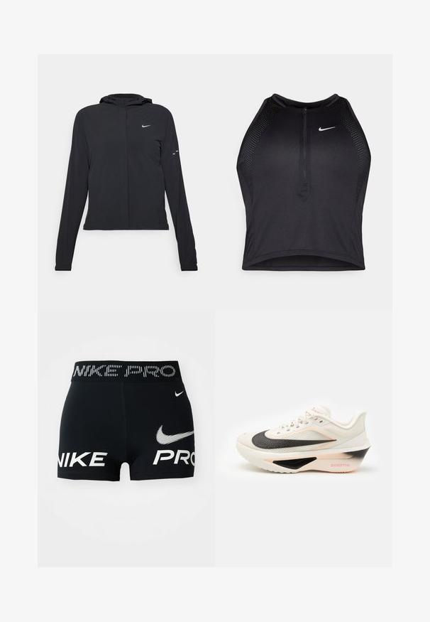 Chaqueta negra con capucha y mangas largas, hecha de un material ligero. Presenta un cierre frontal, un logo de Nike y acentos de diseño sutiles.; Top corto deportivo negro con cremallera frontal, detalles de malla y un diseño ajustado. Fabricado con tejido elástico y transpirable. Logo de Nike en la parte frontal.; Pantalones cortos deportivos Nike Pro negros con logotipos y texto en blanco en la cinturilla y en la parte delantera.; Zapatilla deportiva blanca con una entresuela negra y rosa, parte superior texturizada y un prominente logo de Nike, con cordones y un collar acolchado.