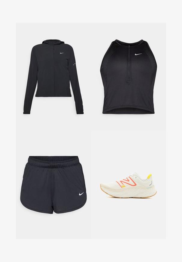 Fekete kapucnis dzseki hosszú ujjakkal, könnyű anyagból készült. Elülső cipzárral, Nike logóval és diszkrét dizájn elemekkel rendelkezik.; Fekete sportos crop top, elöl cipzárral, hálós kiegészítőkkel és testhez álló kialakítással. Rugalmas, lélegző anyagból készült. Nike logó elöl.; Fekete sportos rövidnadrág, könnyű, légáteresztő anyagból készült. Rugalmas derékpánttal rendelkezik, és a jobb alsó oldalon fehér Nike logó található.; New Balance FRESH FOAM X MORE V4 - Utcai futócipők - sea salt