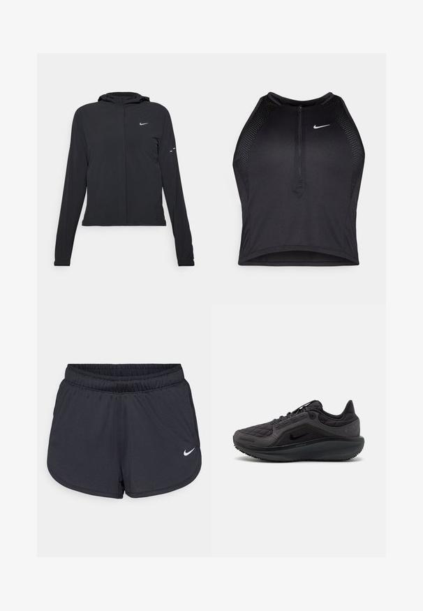 Schwarze Kapuzenjacke mit langen Ärmeln, aus leichtem Material gefertigt. Sie hat einen vorderen Reißverschluss, ein Nike-Logo und dezente Designelemente.; Schwarzes sportliches Crop-Top mit Reißverschluss vorne, Netz-Akzenten und figurnaher Passform. Hergestellt aus dehnbarem, atmungsaktivem Material. Nike-Logo auf der Vorderseite.; Schwarze Sportshorts aus leichtem, atmungsaktiven Material. Mit elastischem Bund und weißem Nike-Logo auf der unteren rechten Seite.; Schwarzer Sportschuh mit gestepptem Obermaterial, strukturierten Akzenten und einer gepolsterten Sohle. Verfügt über ein markantes Nike-Logo und eine strapazierfähige Außensohle.