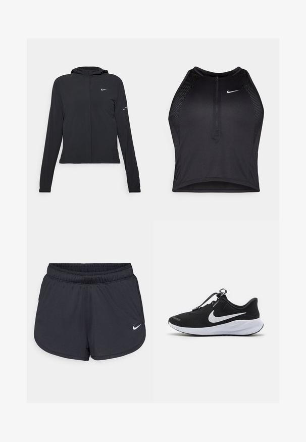 Veste à capuche noire avec des manches longues, fabriquée en matériau léger. Elle comporte une fermeture éclair à l'avant, un logo Nike et des accents de design subtils.; Crop top sportif noir avec fermeture éclair à l'avant, accents en mesh et design ajusté. Fabriqué en tissu extensible et respirant. Logo Nike à l'avant.; Shorts de sport noirs en tissu léger et respirant. Dotés d'une taille élastique et d'un logo Nike blanc sur le bas à droite.; Nike Performance REVOLUTION 7 EASYON - Chaussures de running sur route - black/white