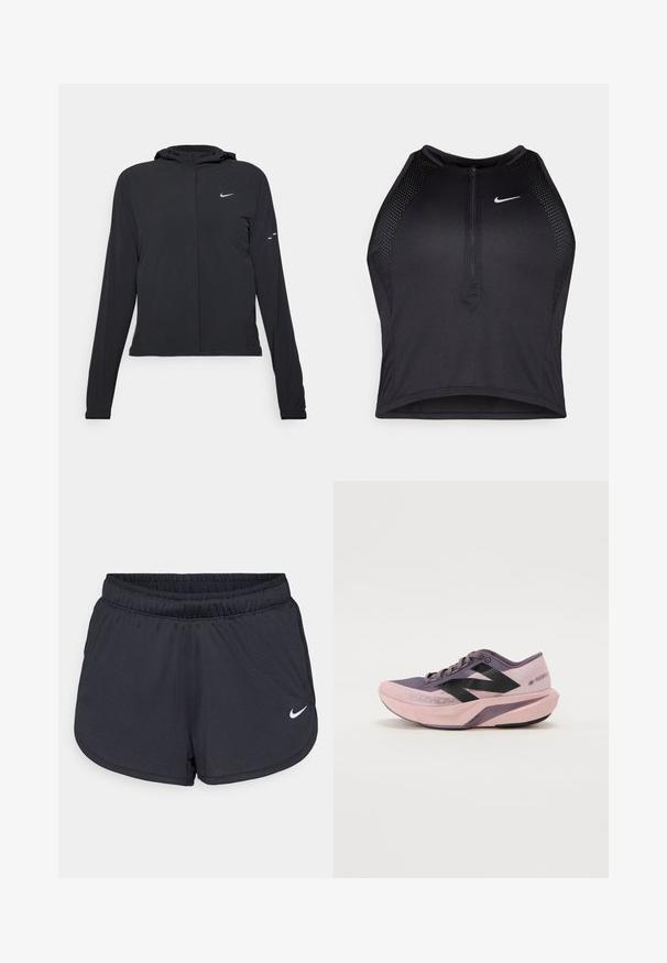 Veste à capuche noire avec des manches longues, fabriquée en matériau léger. Elle comporte une fermeture éclair à l'avant, un logo Nike et des accents de design subtils.; Crop top sportif noir avec fermeture éclair à l'avant, accents en mesh et design ajusté. Fabriqué en tissu extensible et respirant. Logo Nike à l'avant.; Shorts de sport noirs en tissu léger et respirant. Dotés d'une taille élastique et d'un logo Nike blanc sur le bas à droite.; Chaussure de course légère avec un design dégradé rose et violet. Caractérisée par une tige en mesh respirante, des accents noirs et une semelle rembourrée.