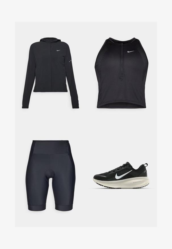 Jachetă neagră cu glugă, cu mâneci lungi, fabricată din material ușor. Dispune de un fermoar frontal, un logo Nike și accente de design subtile.; Top sportiv black, cu croială scurtă, cu fermoar în față, accente din plasă și un design ajustat. Fabricat dintr-un material elastic și respirabil. Logo-ul Nike pe față.; Șorturi de ciclism negre, confecționate dintr-un material neted și elastic. Design cu talie înaltă, dotat cu un insert umplut și detalii cu cusături.; Pantofii de alergare negri de la Nike, cu parte superioară din plasă respirabilă, logo-ul alb Swoosh, detalii texturate și o talpă intermediară ZoomX de culoare crem.
