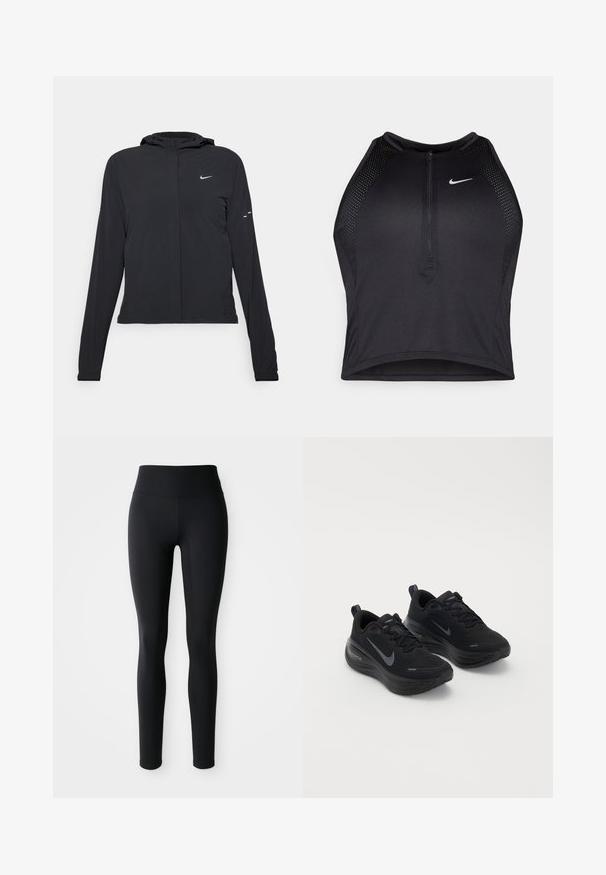 Black hooded jacket with long sleeves, made from lightweight material. Features a front zipper, a Nike logo, and subtle design accents.; Black athletic crop top with a zip-front, mesh accents, and a fitted design. Made from stretchy, breathable fabric. Nike logo on front.; Black leggings with a high waistband, made of a smooth, stretchy material. Fitted design extends down to the ankles without patterns or embellishments.; Black athletic shoes with a textured upper, lace-up design, and a thick, cushioned sole. Features a grey Nike logo on each side.