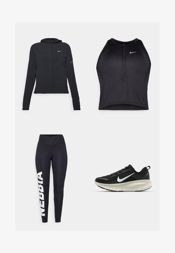 Juodas gobtuvas striukė su ilgomis rankovėmis, pagaminta iš lengvo audinio. Pasižymi priekiniais užtrauktukais, Nike logotipu ir subtiliais dizaino akcentais.; Juodas sportinis trumpas viršus su užtrauktuku priekyje, tinklinėmis detalėmis ir prigludusia forma. Pagamintas iš tamprios, kvėpuojančios medžiagos. Nike logotipas priekyje.; Juodos legging'ų kelnės su aukštu, kryžminiu juosmens diržu. Kairėje kojoje yra baltas, susidėvėjęs "NEBBIA" užrašas. Lygus, elastingas audinys.; Juodas Nike sportinis batelis su kvėpuojančiu tinklu, baltu swoosh logotipu, tekstūruoto dizaino detalėmis ir grietinėlės spalvos ZoomX viduriu.