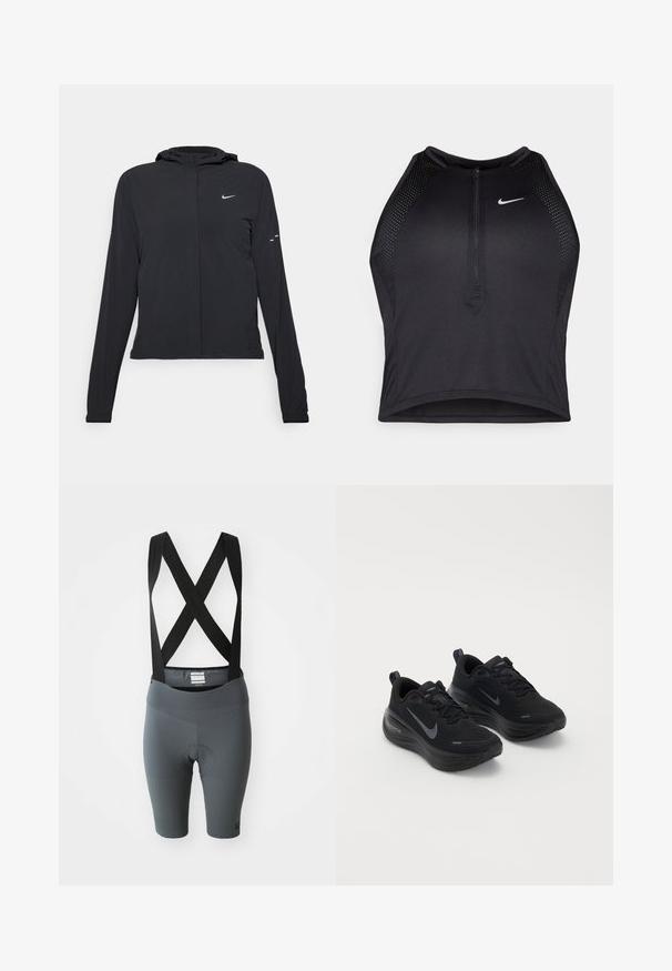 Fekete kapucnis dzseki hosszú ujjakkal, könnyű anyagból készült. Elülső cipzárral, Nike logóval és diszkrét dizájn elemekkel rendelkezik.; Fekete sportos crop top, elöl cipzárral, hálós kiegészítőkkel és testhez álló kialakítással. Rugalmas, lélegző anyagból készült. Nike logó elöl.; Szürke kerékpáros alsónadrág fekete pántokkal, bordázott textúrával a lábakon, rugalmas derékbőséggel és párnázott betéttel a kényelemért.; Fekete sportcipők strukturált felsőrésszel, fűzős kialakítással és vastag, párnázott talppal. Minden oldalon szürke Nike logó található.