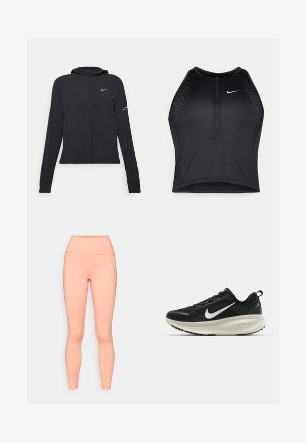 Jachetă neagră cu glugă, cu mâneci lungi, fabricată din material ușor. Dispune de un fermoar frontal, un logo Nike și accente de design subtile.; Top sportiv black, cu croială scurtă, cu fermoar în față, accente din plasă și un design ajustat. Fabricat dintr-un material elastic și respirabil. Logo-ul Nike pe față.; Leggings de culoare piersică, fabricate dintr-un material elastic, având un talie înaltă, o textură netedă și un design fără cusături, fără buzunare vizibile.; Pantofii de alergare negri de la Nike, cu parte superioară din plasă respirabilă, logo-ul alb Swoosh, detalii texturate și o talpă intermediară ZoomX de culoare crem.