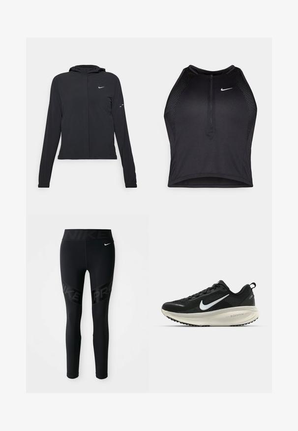 Must musta kapuutsiga jakk, millel on pikad varrukad ja mis on valmistatud kergetest materjalidest. Omab esitaskut, Nike logo ja kergelt silmatorkavaid disainiaktsente.; Must negra spordiline crop top, millel on lukk ees, võrgukangast detailid ja vormiv disain. Valmistatud venivast ja hingavast kangast. Nike logo ees.; Mustad mustad Nike Pro retuus kõrge vöökoht, millel on "NIKE" tekst ja väike valge Nike swoosh logo vasakul puusal.; Musthave mustus Nike jooksujalats, millel on hingav võrgust ülemine osa, valge swoosh logo, tekstuuriga detailid ja kreemja värvusega ZoomX vahevöö.
