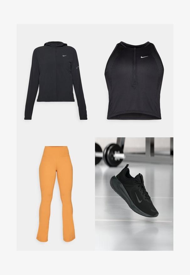 Must musta kapuutsiga jakk, millel on pikad varrukad ja mis on valmistatud kergetest materjalidest. Omab esitaskut, Nike logo ja kergelt silmatorkavaid disainiaktsente.; Must negra spordiline crop top, millel on lukk ees, võrgukangast detailid ja vormiv disain. Valmistatud venivast ja hingavast kangast. Nike logo ees.; Oranžid flared legginsid kõrge vöökohaga, valmistatud venivast materjalist. Omavad sujuvat tekstuuri ja peent brändimist vööl.; Mustad mustang spordijalatsid Nike logo'ga, õhus spordisaali põrandal, häguste hantlite riiulitega taustal.