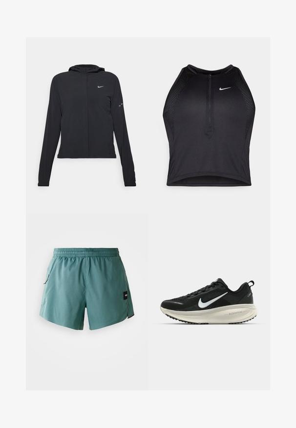 Svart hettegenser med lange ermer, laget av lett materiale. Har glidelås foran, Nike-logo og subtile design detaljer.; Svart idretts crop top med glidelås foran, mesh-detaljer og en figurvennlig design. Laget av elastisk, pustende materiale. Nike-logo på forsiden.; Akvafargede shorts laget av lett stoff, med elastisk midje, sidelommer og en etikett på venstre side.; Svart Nike løpesko med pustende mesh-overdel, hvit swoosh-logo, teksturert detaljer og en kremfarget ZoomX mellomsåle.