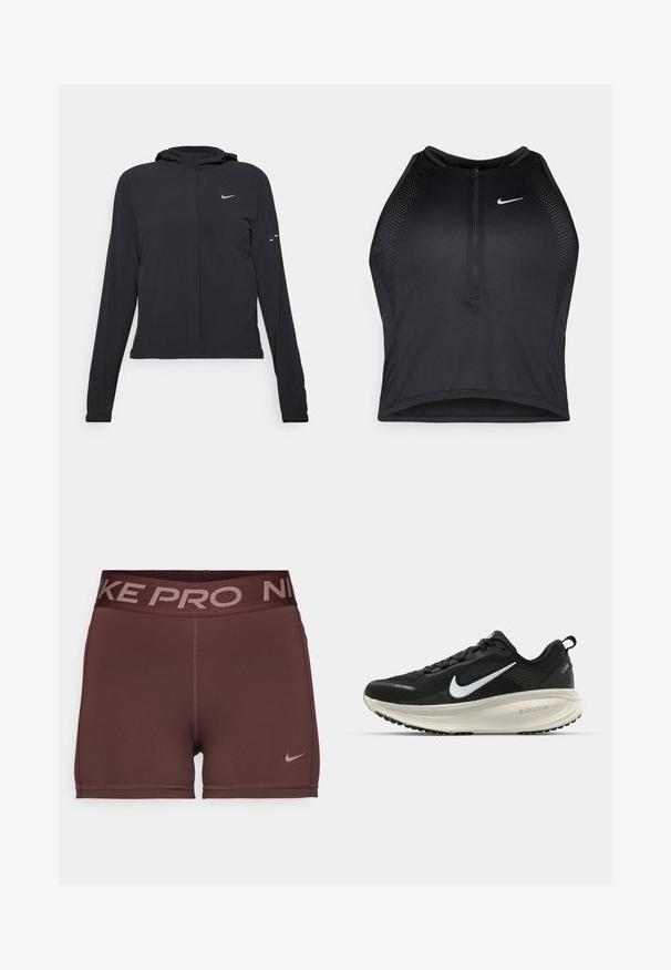 Giacca nera con cappuccio e maniche lunghe, realizzata in materiale leggero. Presenta una zip frontale, il logo Nike e accenti di design sottili.; Top corto atletico nero con zip frontale, dettagli in rete e un design aderente. Realizzato in tessuto elasticizzato e traspirante. Logo Nike sul davanti.; Shorts sportivi marroni con una larga vita scura che presenta il testo "NIKE PRO". Texture liscia con un piccolo logo Nike rosa sul lato.; Scarpa da corsa nera Nike con tomaia in rete traspirante, logo Swoosh bianco, dettagli testurizzati e intersuola ZoomX di colore crema.