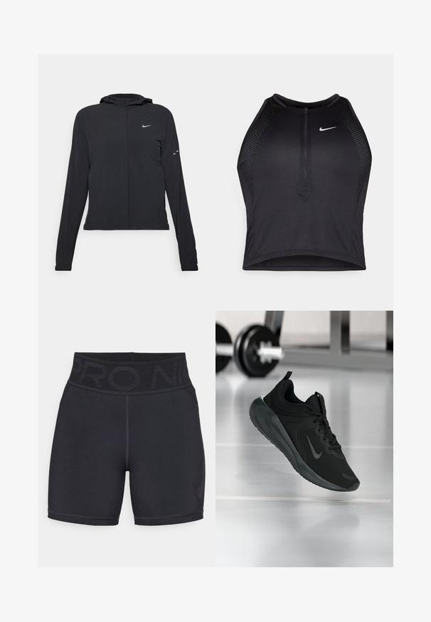 Zwarte kaptrui met lange mouwen, gemaakt van lichtgewicht materiaal. Voorzien van een ritssluiting aan de voorkant, een Nike-logo en subtiele ontwerpelementen.; Zwarte atletische crop top met een rits aan de voorkant, mesh accenten en een aansluitend ontwerp. Gemaakt van rekbare, ademende stof. Nike-logo aan de voorkant.; Zwarte sportshorts gemaakt van rekbaar materiaal, met een hoge tailleband waarop "PRO" is gedrukt, en een klein logo in de onderste hoek.; Zwarte sportsneaker met Nike-logo, weergegeven in de lucht boven de gymvloer, met een vervaagde halterrek op de achtergrond.