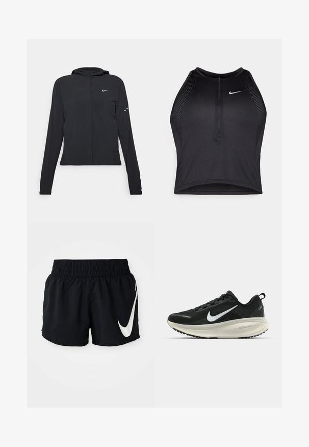 Fekete kapucnis dzseki hosszú ujjakkal, könnyű anyagból készült. Elülső cipzárral, Nike logóval és diszkrét dizájn elemekkel rendelkezik.; Fekete sportos crop top, elöl cipzárral, hálós kiegészítőkkel és testhez álló kialakítással. Rugalmas, lélegző anyagból készült. Nike logó elöl.; Fekete sportnadrág elasztikus derékpánttal, az elején nagy fehér Nike logóval és sima, könnyű anyaggal.; Fekete Nike futócipő légáteresztő hálós felsőrésszel, fehér Swoosh logóval, textúrázott részletekkel és krém színű ZoomX középtalppal.