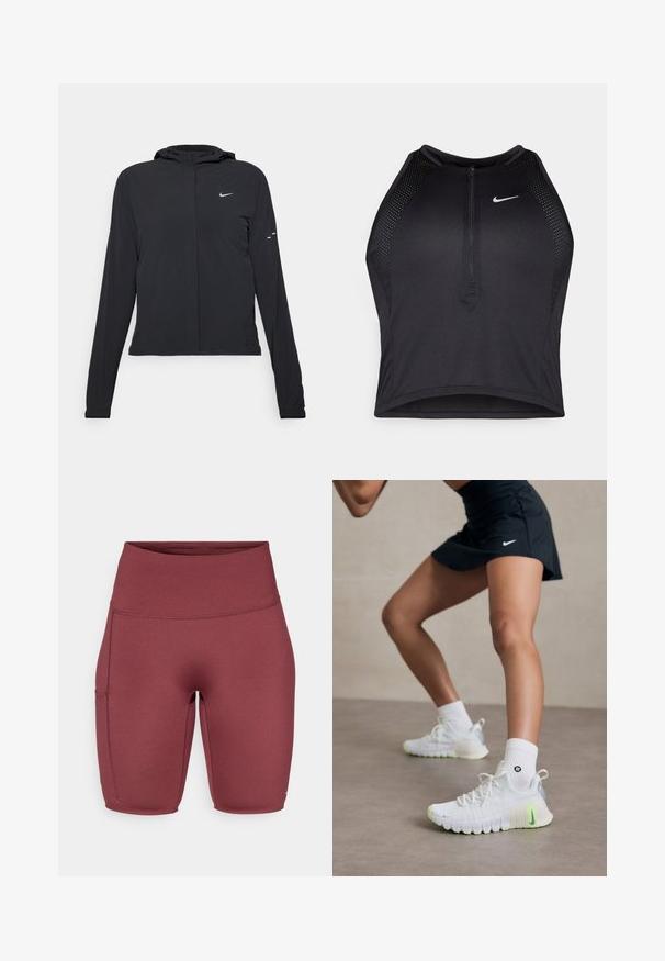 Fekete kapucnis dzseki hosszú ujjakkal, könnyű anyagból készült. Elülső cipzárral, Nike logóval és diszkrét dizájn elemekkel rendelkezik.; Fekete sportos crop top, elöl cipzárral, hálós kiegészítőkkel és testhez álló kialakítással. Rugalmas, lélegző anyagból készült. Nike logó elöl.; Burgundi színű, magas derékú sort, sima, rugalmas anyagból. Oldalsó zsebbel és formázott dizájnnal rendelkezik, aktív viselethez ideális.; Fehér sportcipők texturált felülettel, neon zöld részletekkel és hangsúlyos Nike logóval. Fehér bokazoknival viselve.