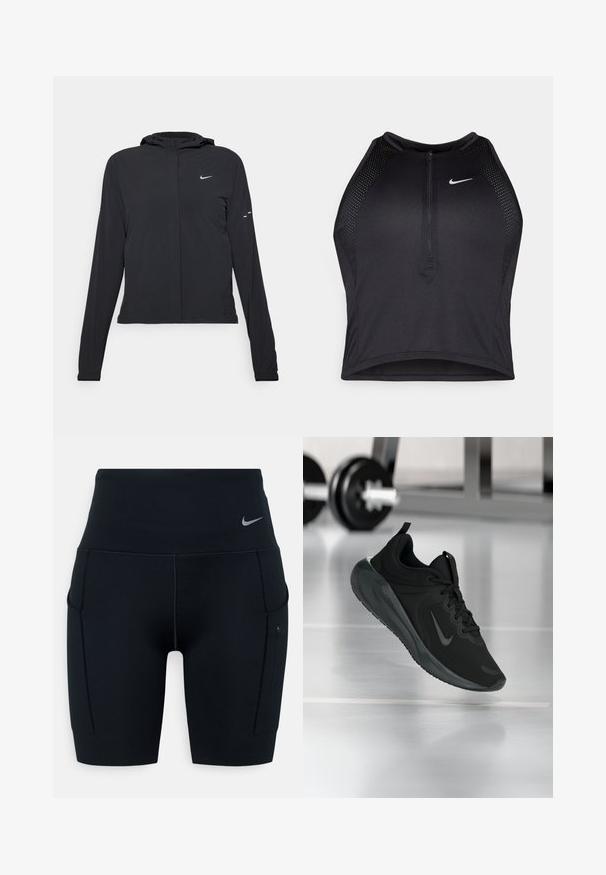 Black hooded jacket with long sleeves, made from lightweight material. Features a front zipper, a Nike logo, and subtle design accents.; Black athletic crop top with a zip-front, mesh accents, and a fitted design. Made from stretchy, breathable fabric. Nike logo on front.; Black high-waisted athletic shorts made of stretchy material; features side pockets and a small Nike logo on the waistband.; Black sports sneaker with Nike logo, shown mid-air on gym floor, with blurred dumbbell rack in background.