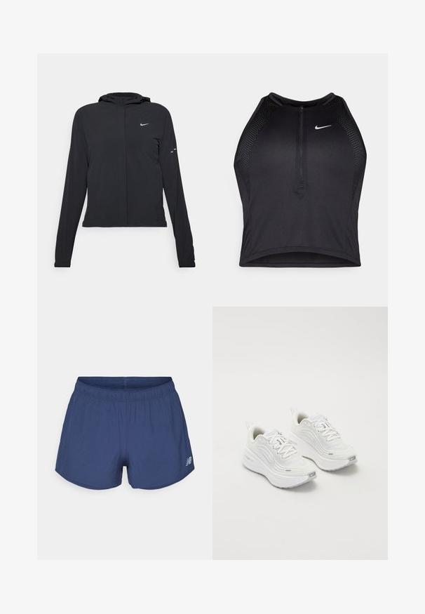 Juodas gobtuvas striukė su ilgomis rankovėmis, pagaminta iš lengvo audinio. Pasižymi priekiniais užtrauktukais, Nike logotipu ir subtiliais dizaino akcentais.; Juodas sportinis trumpas viršus su užtrauktuku priekyje, tinklinėmis detalėmis ir prigludusia forma. Pagamintas iš tamprios, kvėpuojančios medžiagos. Nike logotipas priekyje.; Tamsiai mėlyni sportiniai šortai su elastinga juostos juosta ir mažas New Balance logotipas apatiniame kairiajame kampe.; Baltieji sportiniai batai su tekstūruota tinklelio viršutine dalimi, paminkštintu padu ir subtiliais pilkais akcentais. Yra prekės ženklas ir kilpa kulne, skirta lengvam užsidėjimui.