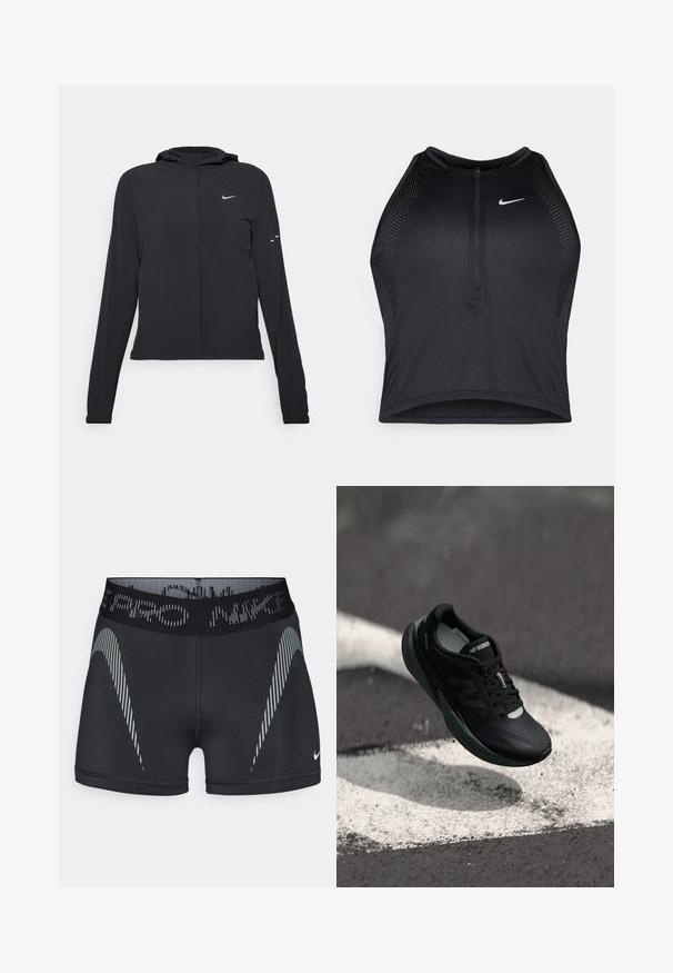 Fekete kapucnis dzseki hosszú ujjakkal, könnyű anyagból készült. Elülső cipzárral, Nike logóval és diszkrét dizájn elemekkel rendelkezik.; Fekete sportos crop top, elöl cipzárral, hálós kiegészítőkkel és testhez álló kialakítással. Rugalmas, lélegző anyagból készült. Nike logó elöl.; Fekete sportnadrág nedvesség-elvezető anyagból, széles elasztikus derékkal, amelyen logo található, és szürke átlós csíkozással van díszítve.; Fekete futócipő textúrált felsőrésszel, karcsú dizájnnal és fényvisszaverő részletekkel. Puha, párnázott talppal a kényelem érdekében.