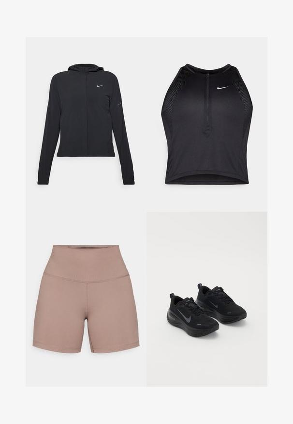 Zwarte kaptrui met lange mouwen, gemaakt van lichtgewicht materiaal. Voorzien van een ritssluiting aan de voorkant, een Nike-logo en subtiele ontwerpelementen.; Zwarte atletische crop top met een rits aan de voorkant, mesh accenten en een aansluitend ontwerp. Gemaakt van rekbare, ademende stof. Nike-logo aan de voorkant.; Hooggelegen shorts gemaakt van een gladde, rekbare stof in een gedempte bruine kleur. Heeft platte naden en een aansluitend ontwerp voor comfort.; Zwarte sportieve schoenen met een textured bovenkant, vetersluiting en een dikke, gevoerde zool. Voorzien van een grijs Nike-logo aan elke kant.