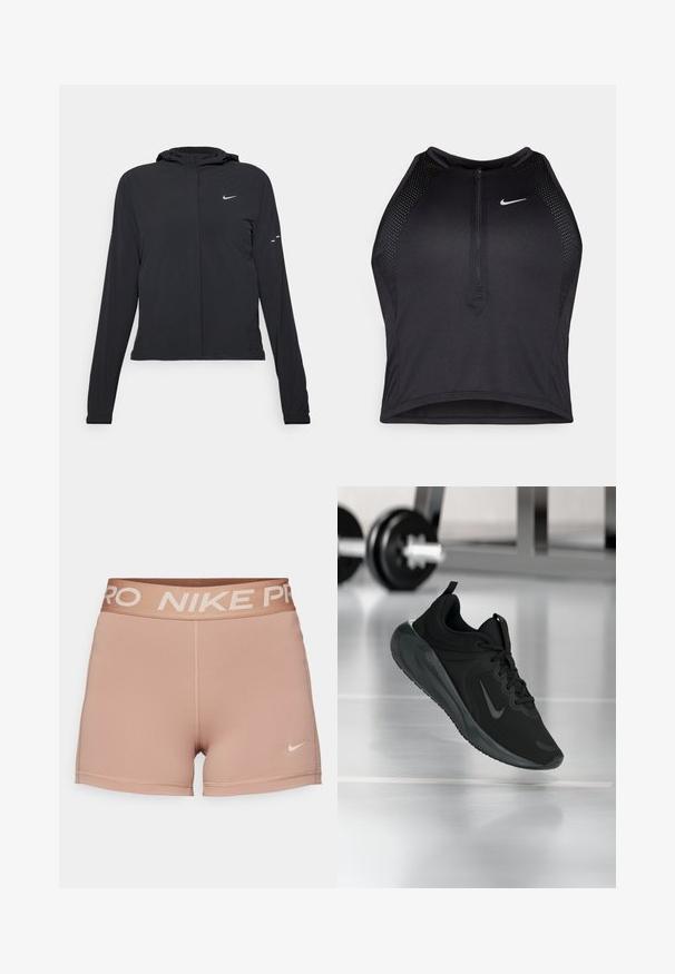 Giacca nera con cappuccio e maniche lunghe, realizzata in materiale leggero. Presenta una zip frontale, il logo Nike e accenti di design sottili.; Top corto atletico nero con zip frontale, dettagli in rete e un design aderente. Realizzato in tessuto elasticizzato e traspirante. Logo Nike sul davanti.; Shorts Nike Pro, di colore sabbia chiaro, con vita elastica su cui è stampato "NIKE PRO" in beige, tessuto dalla consistenza liscia, design aderente, dettagli di cucitura minimi.; Sneaker sportivo nero con logo Nike, mostrato in volo su un pavimento da palestra, con un supporto per pesi sfocato sullo sfondo.