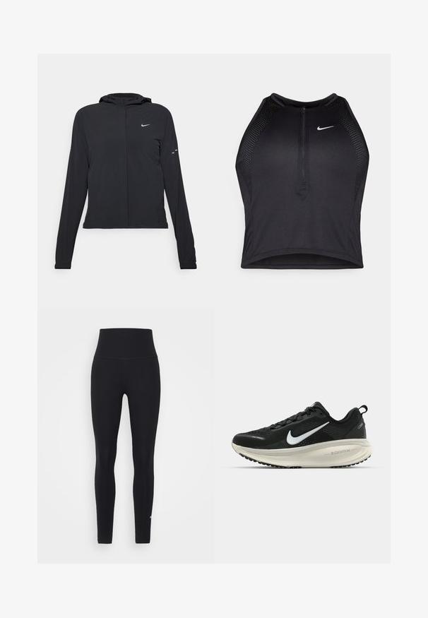 Casaco preto com capuz e mangas longas, feito de material leve. Apresenta um fecho dourado na frente, um logótipo da Nike e detalhes de design subtis.; Top cropped atlético preto com fecho à frente, acentos em malha e um design ajustado. Feito de tecido elástico e respirável. Logótipo da Nike na frente.; Leggings pretas de cintura alta em um tecido liso e elástico. Apresentam um design elegante com um logotipo perto do tornozelo. Adequados para vestuário de atividade.; Sapatilha de corrida Nike preta com parte superior de malha respirável, logotipo Swoosh branco, detalhes texturizados e uma entressola ZoomX na cor creme.
