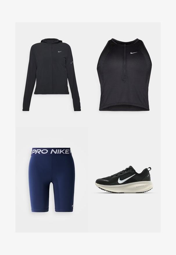 Schwarze Kapuzenjacke mit langen Ärmeln, aus leichtem Material gefertigt. Sie hat einen vorderen Reißverschluss, ein Nike-Logo und dezente Designelemente.; Schwarzes sportliches Crop-Top mit Reißverschluss vorne, Netz-Akzenten und figurnaher Passform. Hergestellt aus dehnbarem, atmungsaktivem Material. Nike-Logo auf der Vorderseite.; Marineblaue Nike Pro Kompressionsshorts mit elastischem Bund, versehen mit weißer Nike Pro Markenbezeichnung und einem kleinen weißen Nike-Swoosh am Bein.; Schwarzer Nike-Laufschuh mit atmungsaktivem Mesh-Obermaterial, weißem Swoosh-Logo, strukturierten Details und einer cremefarbenen ZoomX-Zwischensohle.