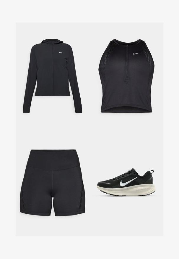 Fekete kapucnis dzseki hosszú ujjakkal, könnyű anyagból készült. Elülső cipzárral, Nike logóval és diszkrét dizájn elemekkel rendelkezik.; Fekete sportos crop top, elöl cipzárral, hálós kiegészítőkkel és testhez álló kialakítással. Rugalmas, lélegző anyagból készült. Nike logó elöl.; Fekete sportos rövidnadrág, magas derékkal, sima felülettel és oldalsó részletezéssel, amely szellőzést biztosító kivágásokkal rendelkezik. Zökkenőmentes kivitelezés a kényelem érdekében.; Fekete Nike futócipő légáteresztő hálós felsőrésszel, fehér Swoosh logóval, textúrázott részletekkel és krém színű ZoomX középtalppal.